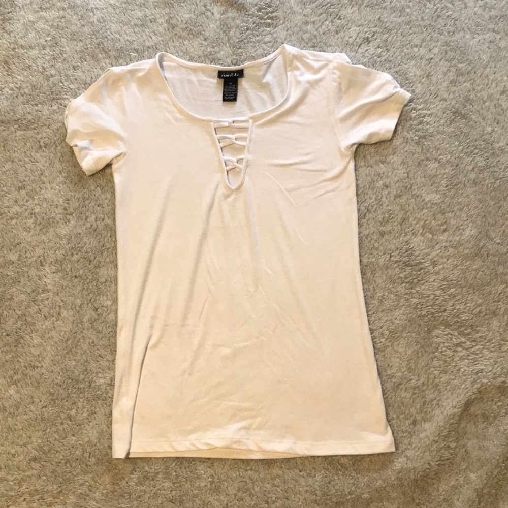 rue21 white shirt with criss cross detailing
